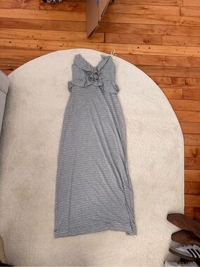 Blue and white striped maxi dress